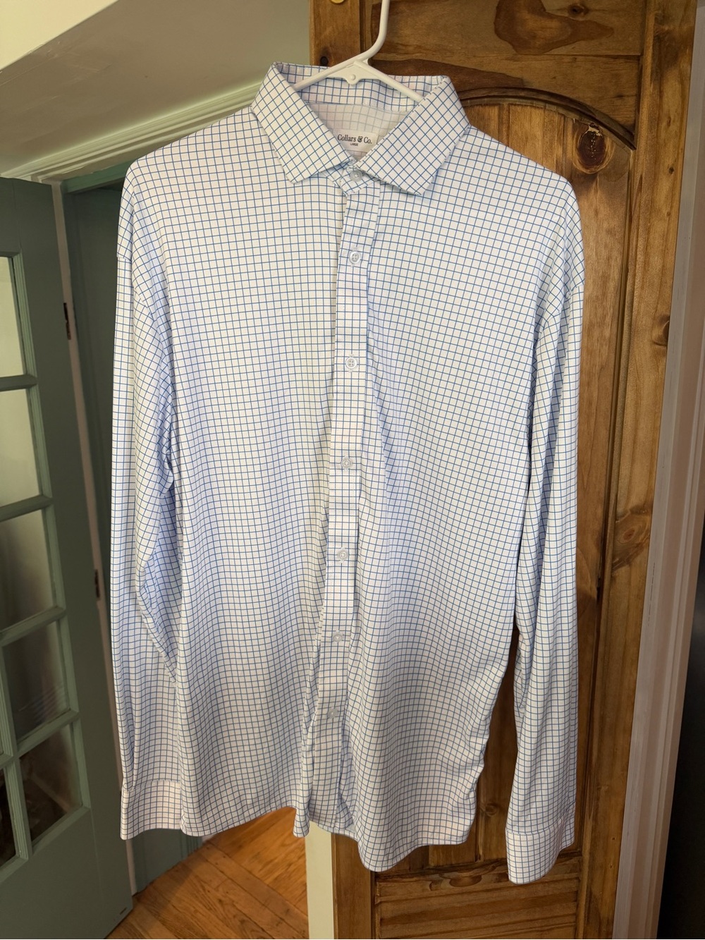 Collars & Co. Quattro Flex Dress Shirt with Semi-Spread Collar; Thin Blue Check